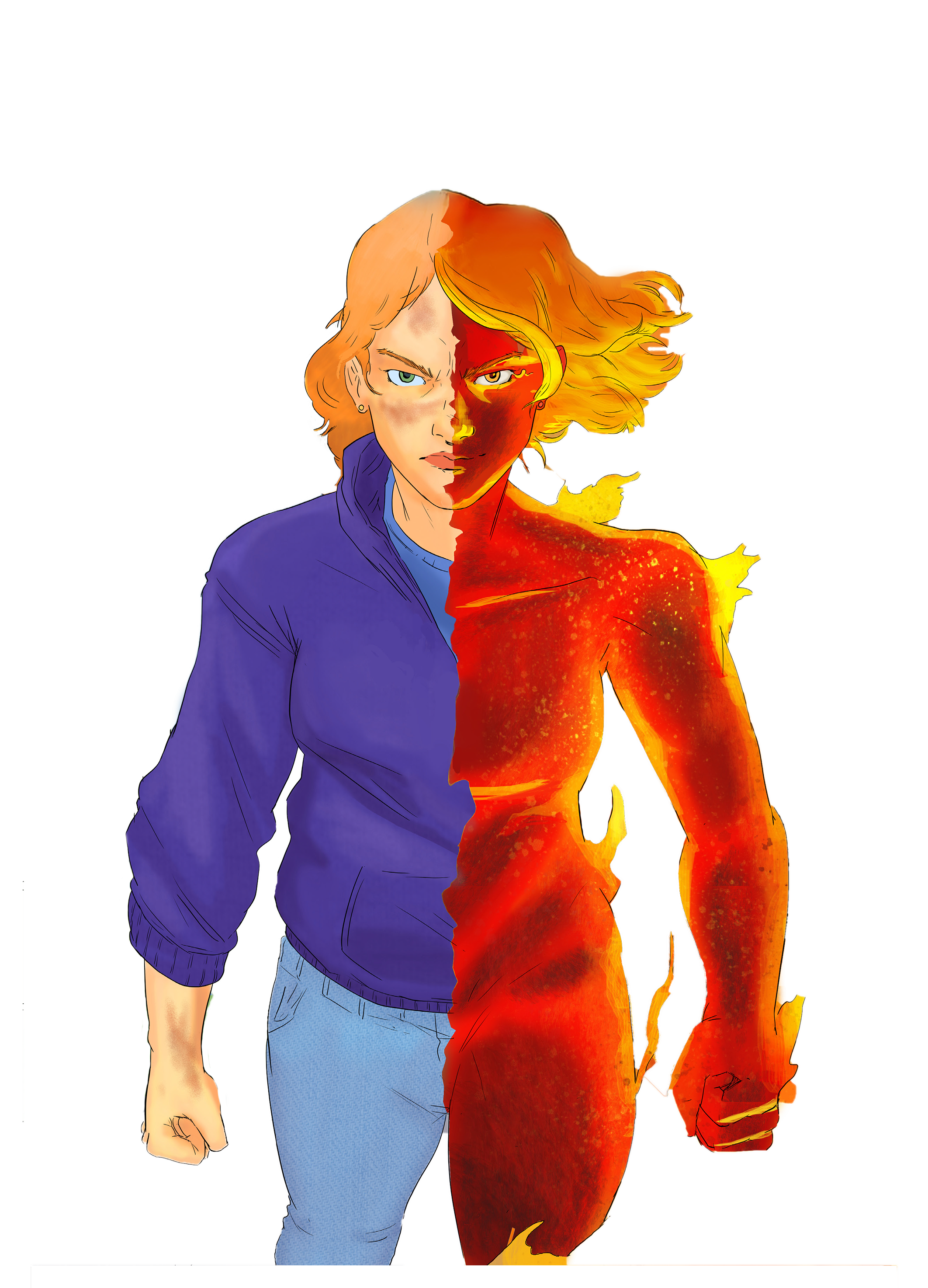 Picture of Lenu staring at camera. She is half normal, half on fire.